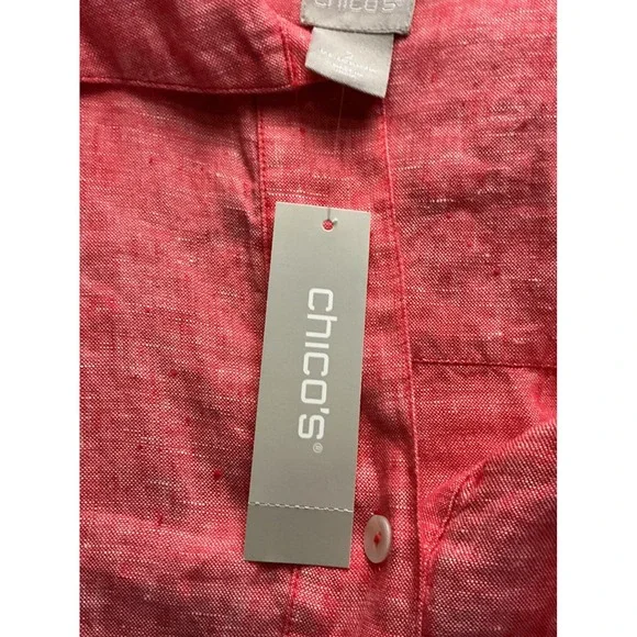 Chicos 100% Linen Tunic Top Red Orange Button Front Long Sleeve Size 2 L NEW - Picture 3 of 13